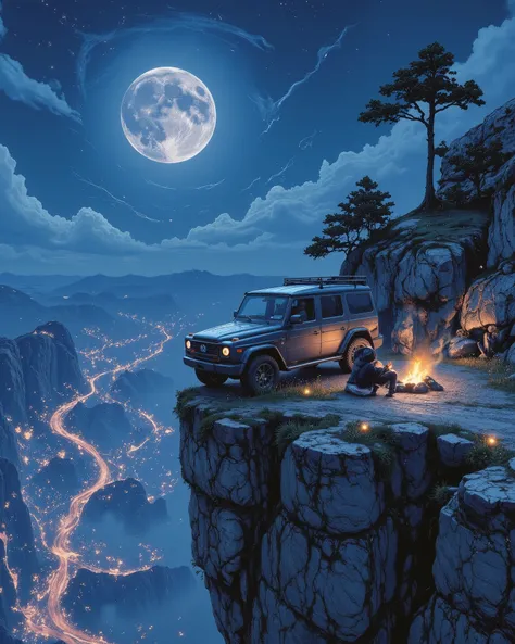 A breathtaking night scene on a high mountain cliff, overlooking a glowing cityscape in the valley below. A full moon shines brightly in the deep blue starry sky, casting a magical glow. A traveler sits by a warm campfire next to a modern SUV, enjoying the...