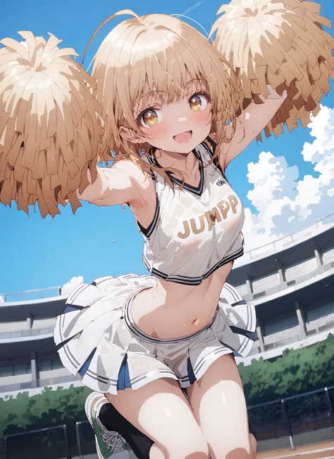 It's so dizzying, Mahiru Shiina, bungs, blonde hair, brown hair, yellow eyes,long hair,smile,blush,open your mouth,,(cheerleading), (full body), on chest, (semen), semen Wet Clothes, (white clothes),sleeveless, pleated skirt,black socks,sneakers,belly...