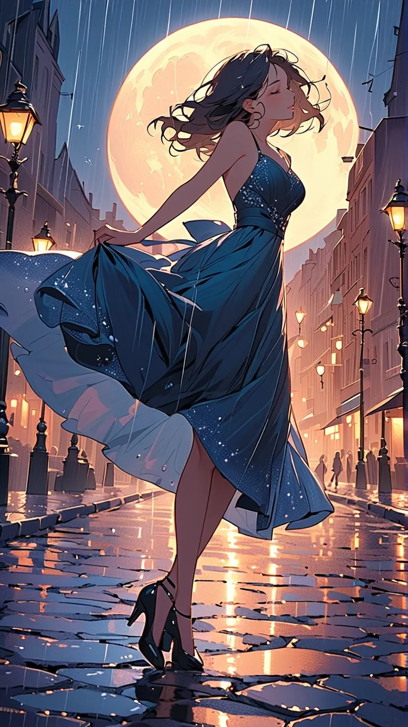 A beautiful illustration, a close-up of a woman's face,
a silhouette of a woman dancing on cobblestones at midnight in the pouring rain. The hem of her dress, wet with water, flutters fantastically in the wind. Behind her is a hazy moon and a hazy street l...