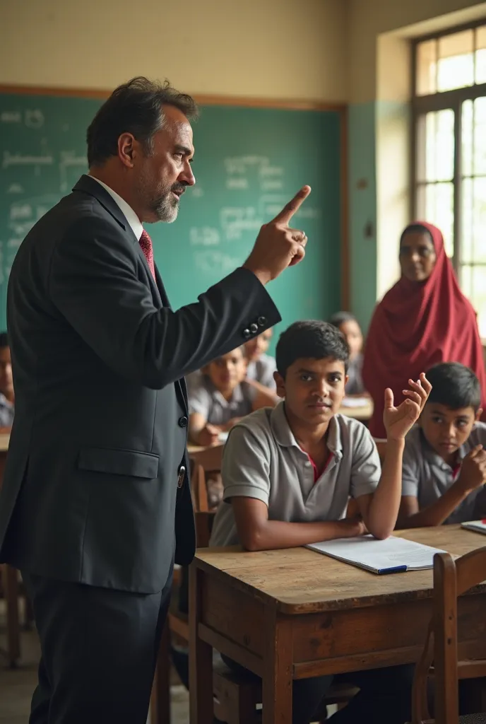 
A highly realistic and dramatic scene in a Bangladeshi high school classroom. A well-dressed inspector with an angry expression stands at the front, pointing his finger aggressively at a nervous student sitting in the last row. The student, wearing a scho...