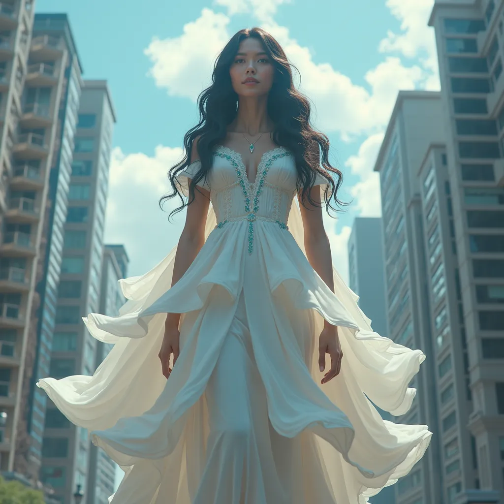 Beautiful giant woman with blue eyes and black hair, beautiful smile, knee-length princess dress, View from a central street,  seen from below,  nubes blancas,  skyscraper,  buildings .