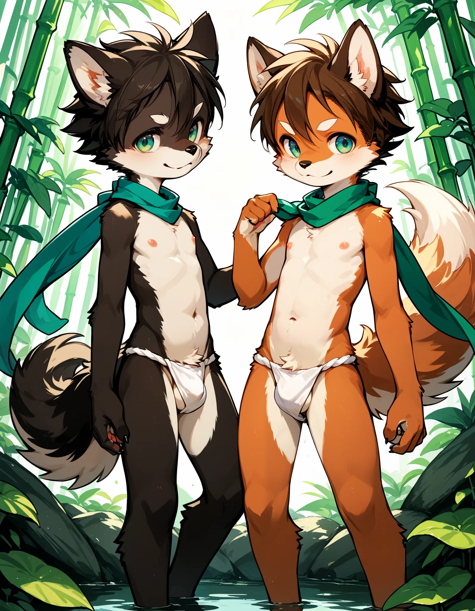 kemoshota furry boys,  best quality,best resolution,(fluffy anthro furry :1.6),(young :1.6), 2 boys, short-height, dynamic angle, scarf, tail, ninja boys, shugyo, bamboo woods, fundoshi, furry ears, close-up fundoshi, from dogs point of view, open legs