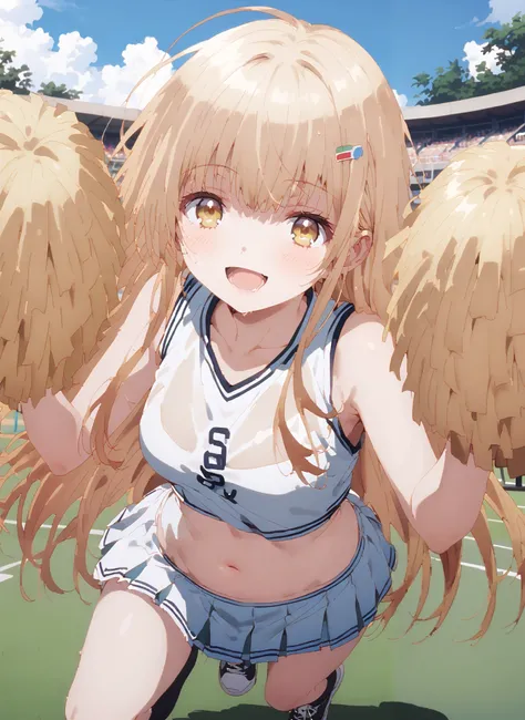 It's so dizzying, Mahiru Shiina, bungs, blonde hair, brown hair, yellow eyes,long hair,smile,blush,open your mouth,,(cheerleading), (full body), on chest, (semen), semen Wet Clothes, (white clothes),sleeveless, pleated skirt,black socks,sneakers,belly...