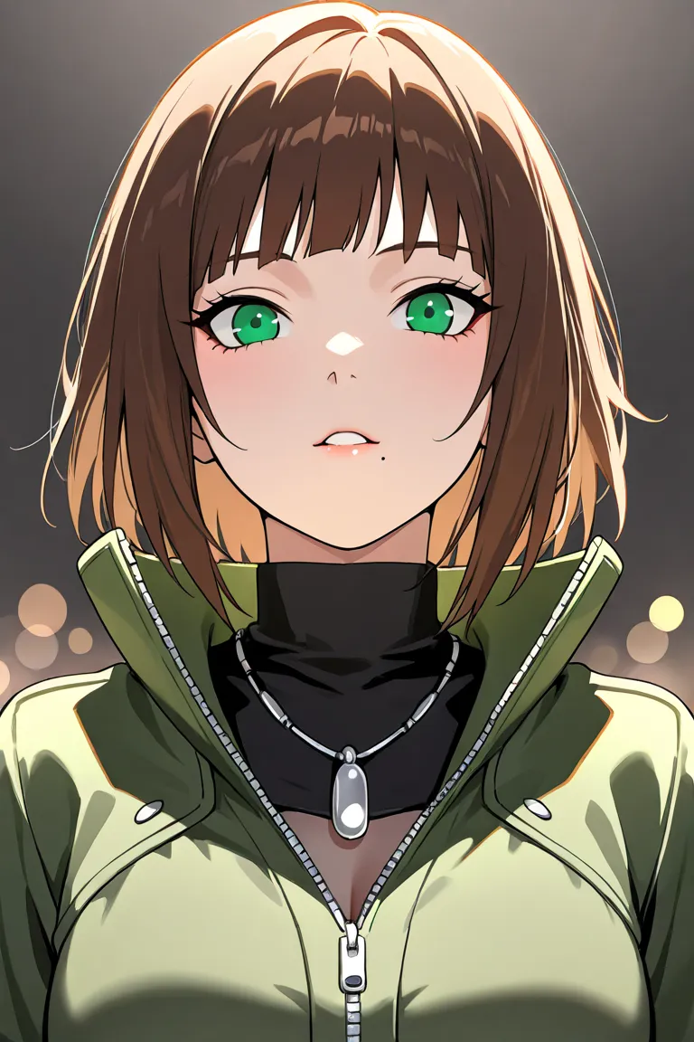 Digital artwork in Naruto-inspired Isekai anime style. A stunningly beautiful woman with long, brown hair framing her expressive, vivid green eyes, radiant light skin, and a subtle mole near her mouth. She wears a green outfit with intricate silver accents...