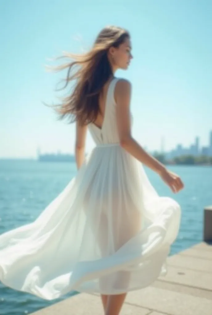 "A serene and dreamy scene with a young woman captured in motion. She wears a flowing white dress made of a light fabric, sem transparent that moves gracefully in the wind. Its silhouette is slightly blurred to emphasize the dynamic movement and the ethere...