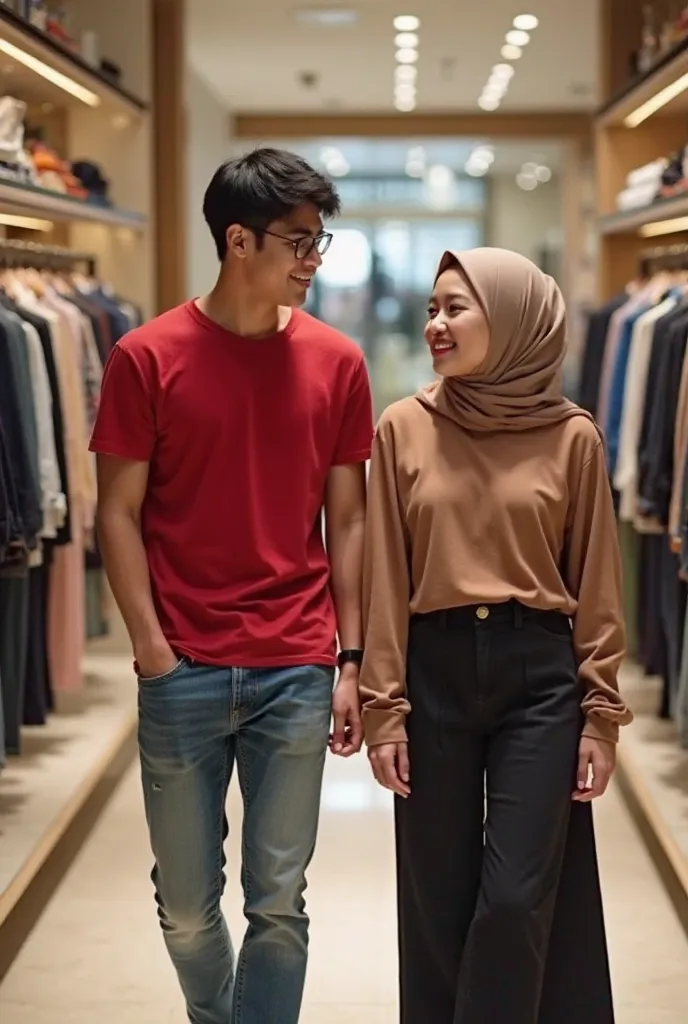 a glassy-eyed malay guy wearing a red t shirt and jeans is walking with a girl in hijab and wearing modern braces they are walking in a boutique dress shirt it looks like they are choosing a shirt and the woman asks the guy's opinion and the guy smiles loo...