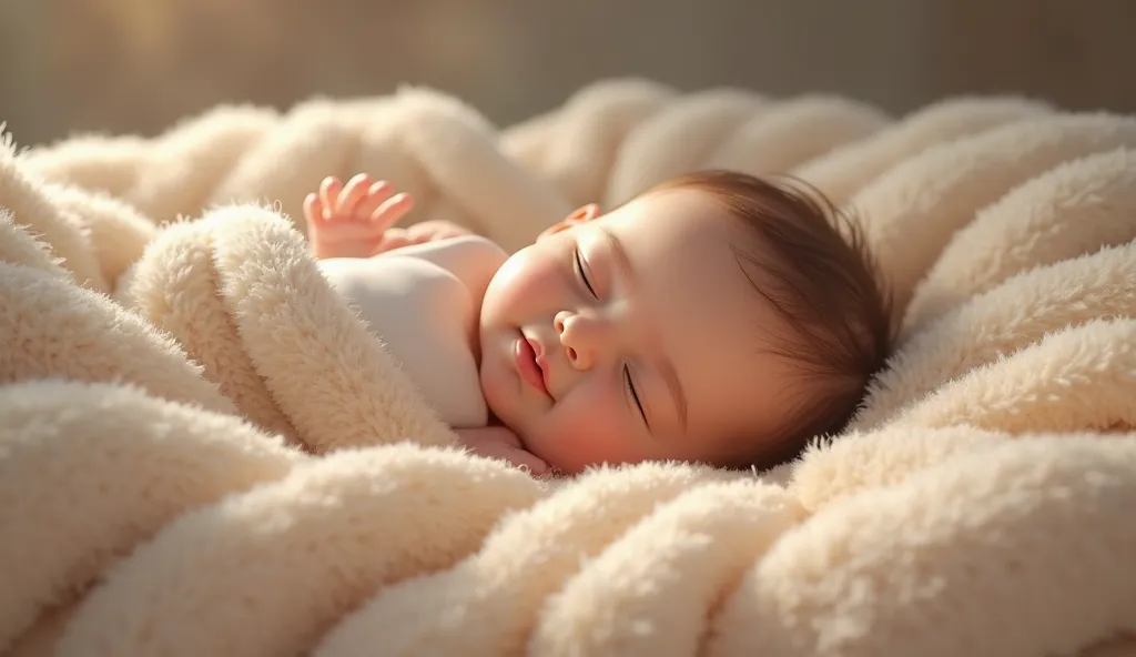 A baby is falling asleep calmly and smiling on a cozy and warm mattress 