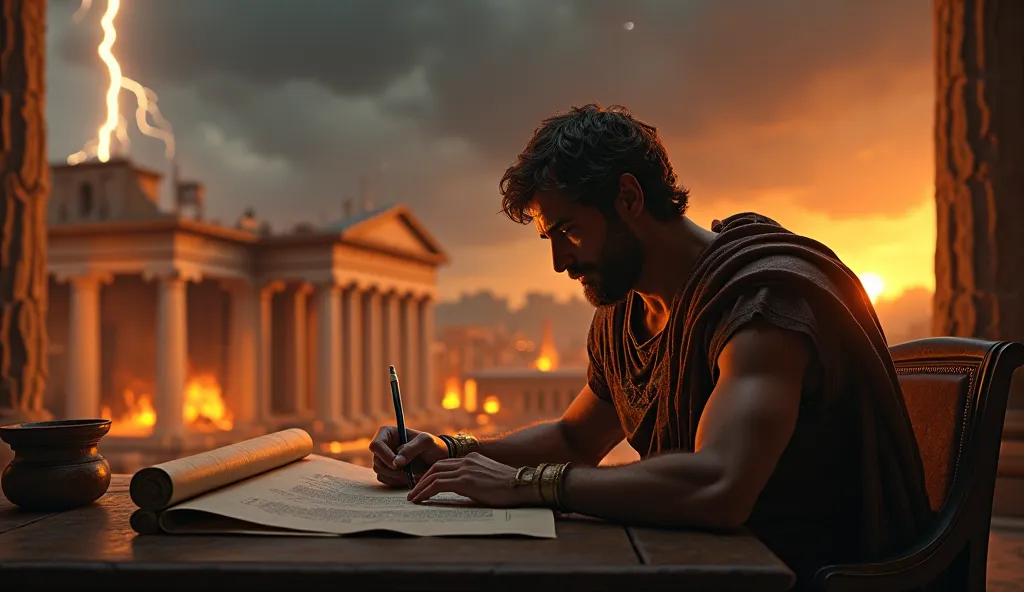 "Cinematic scene of Marcus Aurelius writing in a scroll, ancient Rome burning in the background, stormy sky with lightning, golden light illuminating his face, hyper-realistic, 8k resolution, dark tones with gold accents, dramatic shadows, Roman architectu...