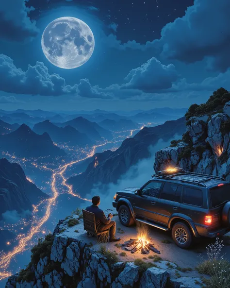 A breathtaking night scene on a high mountain cliff, overlooking a glowing cityscape in the valley below. A full moon shines brightly in the deep blue starry sky, casting a magical glow. A traveler sits by a warm campfire next to a modern SUV, enjoying the...