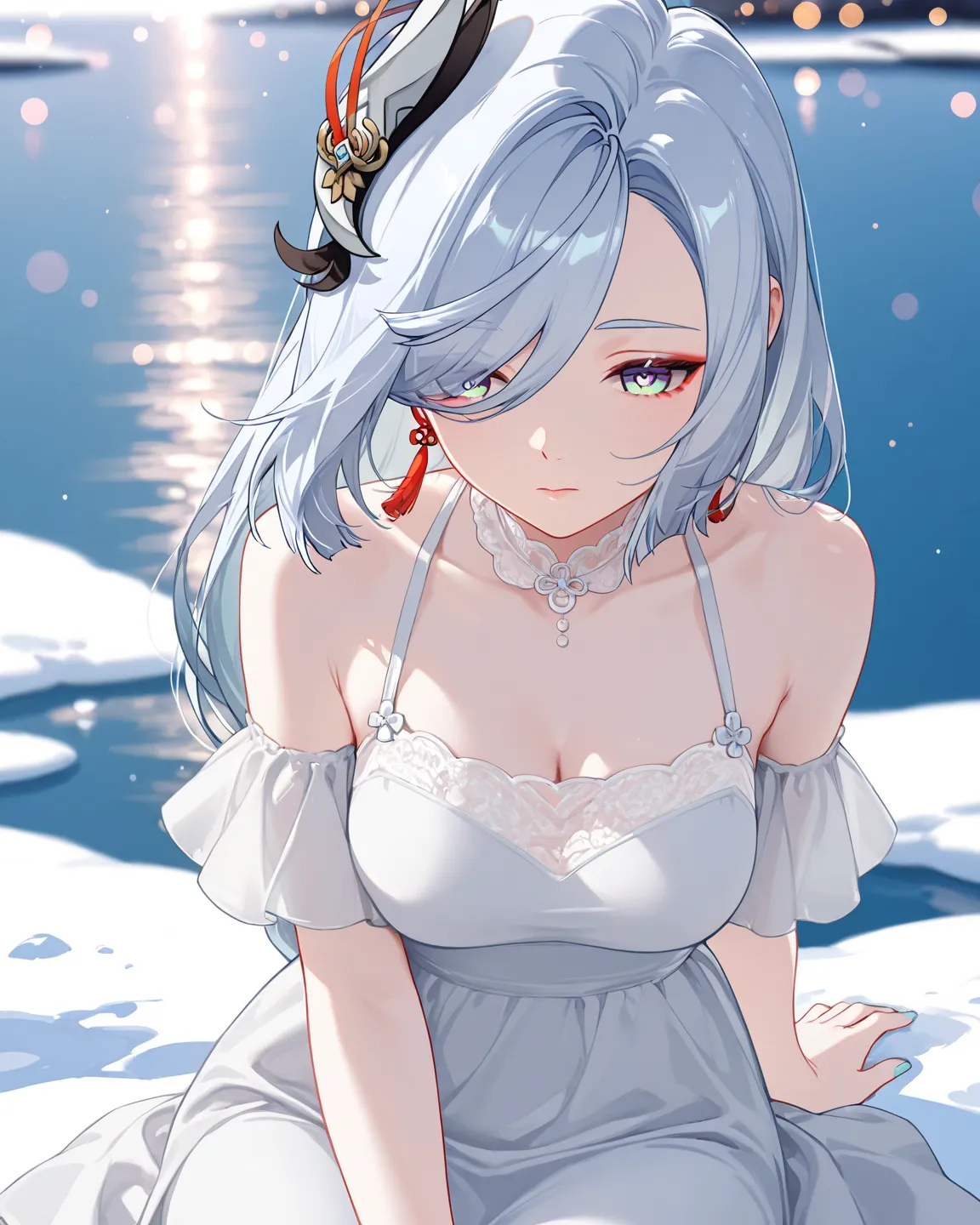 1 girl,shenhe(genshinimpact),genshinimpact,medium breast,wearing a white casual dress,sit on a snowlake,pretty elegant expression,half body,close shot,pretty vibe,bokeh
