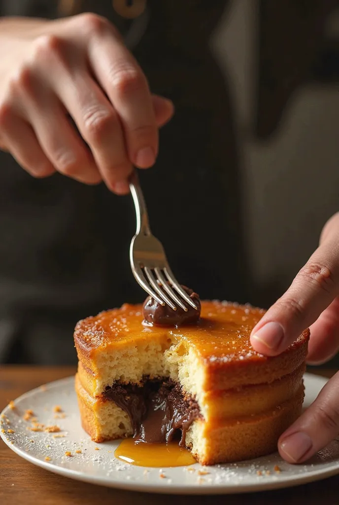 The man divides the honey cake in half with a fork and the inside is chocolate