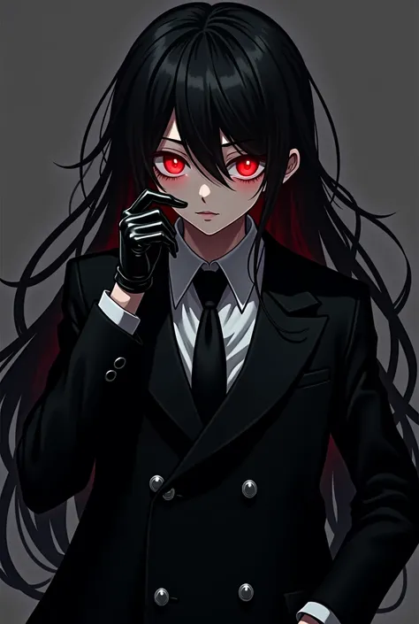  Anime Tween boy with Glowing Red Eyes, With VERY Long Flowing Black Hair wearing a Baggy Long Sleeved Double Breasted Black Suit and Tie with White Dress Shirt. With Long Black Leather gloved hands