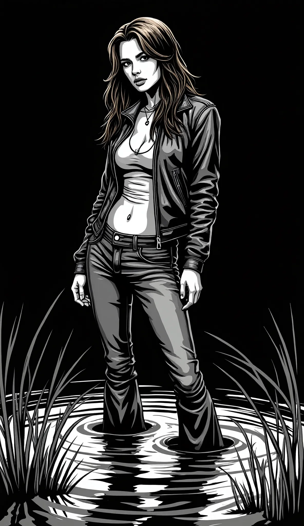 a comic, Line illustration , woman drowns in a thick swamp,  in a leather jacket, cheyenne, native american,  poses, provocative photo shoot   ,  Severe wrinkles,  black background , studio lighting, tight flared jeans