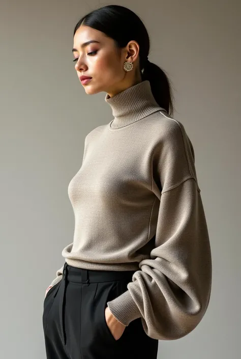 Machine-woven sweater designs that fit the body and wide at the sleeve that reach the navel of the sweaters 