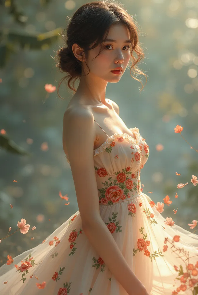 A woman, in a flowy, floral dress with a sweetheart neckline and a cinched waist.