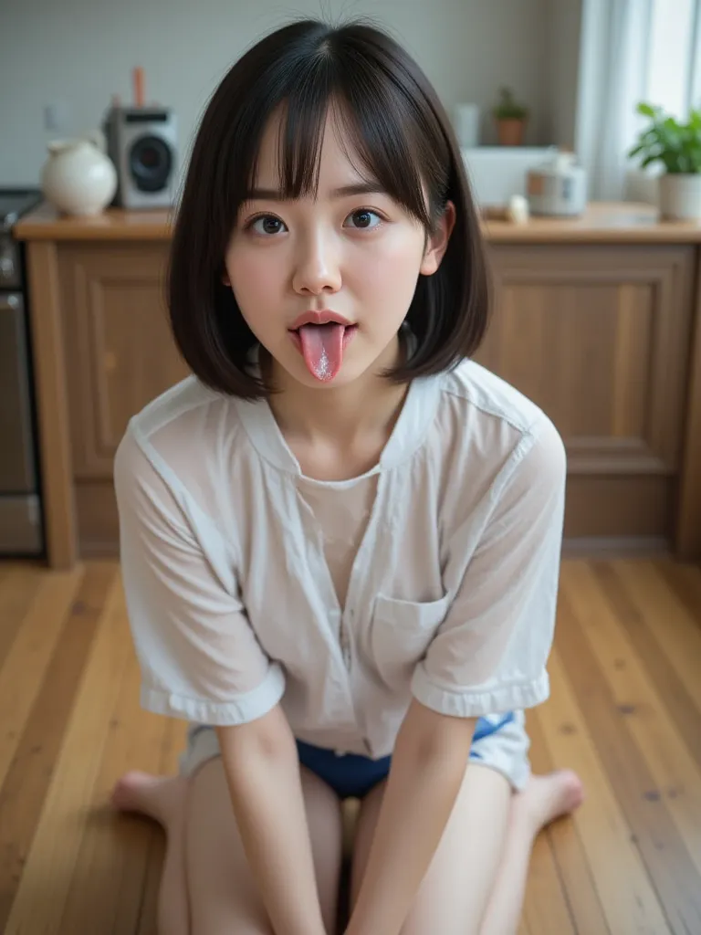 top quality, Excellent details, extremely detailed depiction, (( RAW photos )),  delicate skin with gills, Ultra High Resolution, photorealistic, bright lighting, ( Japanese Girl), emotionless expression, nose brush for women to wear on the floor, Short To...