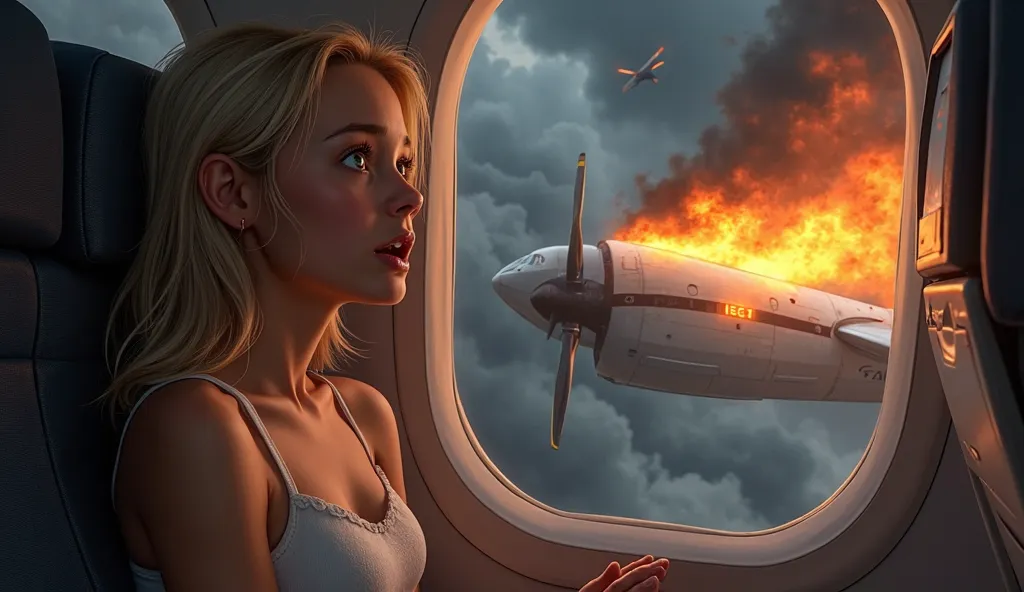 A highly realistic scene inside the LANSA 508 aircraft cabin, focusing on Juliane Koepcke (a 17-year-old girl with light skin and shoulder-length blonde hair), dressed in a white, sleeveless mini dress, sitting at the window seat next to her mother Maria K...