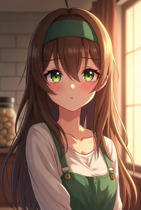 Anime, brown long-haired woman, green left eye with blindfold on her right, sweet girl, cafe owner, middle class chest, present