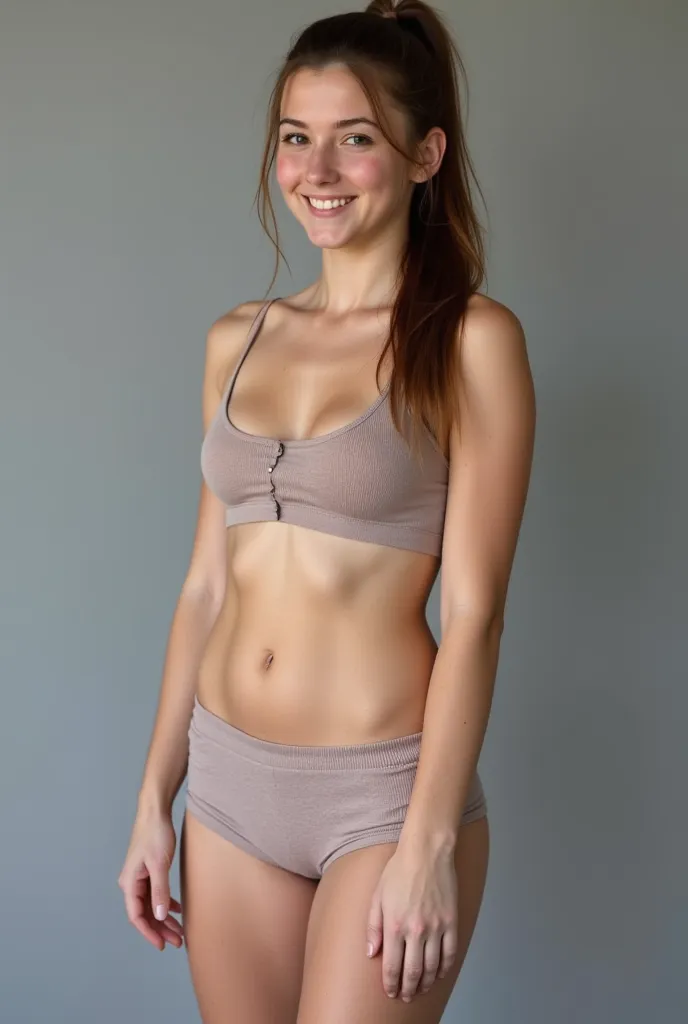 18 year old Realistic,  college pale white brunette british girl dressed in a crop top and shorts, smiling, thick thighs.Grey background, studio lighting. Very realistic, Crop top and shorts. Thick thighs, Pear shape body, a little short in height. C cup b...