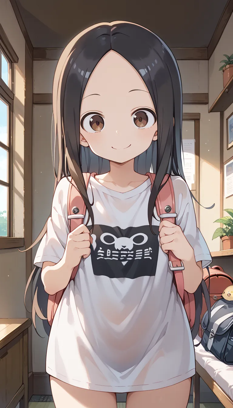 NSFW ((Takagi))hidden hair, masterpiece, best quality,lOOking at viewer, ,Oversized t-shirt,frOnt view,smile,  black hair, headfin, indOOrs,brOwn eyes,center, smile, wearing randOseru backpack, (randOseru backpack:1.0), 20 and.O
Information
