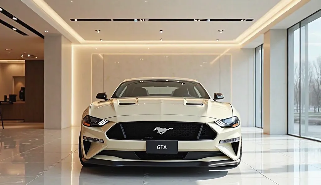 Set in a bright glossy luxury showroom with gleamy white floor Ford Mustang GTA fastback 2025 model front pic in shinny cream colour 