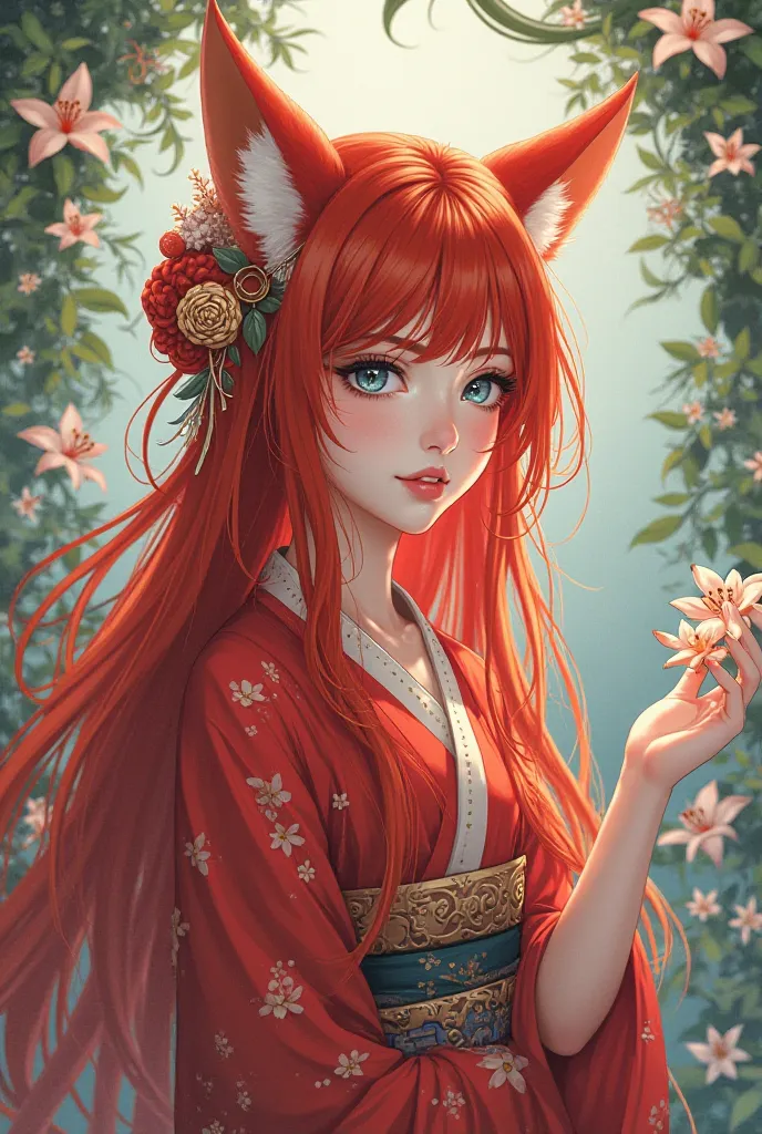 red hair, long hair, glasses, blue eyes, fox ears, red kimono
beautiful lily flower botanical cute beautiful girl
anime illustration