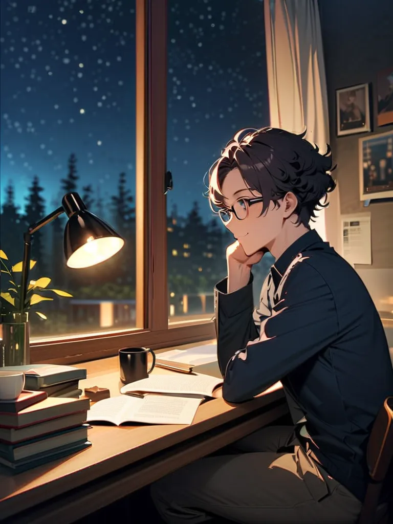   Ultra-fine,masterpiece, Awards,  top quality  ,1 person,  handsome boy, Hair, 23 years old,Glasses,Introvert,night,coffee,light,books, short hair, Curl perm,Forest outside the window,   kind smile,