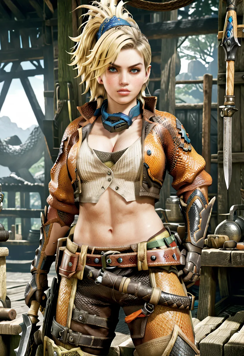 (Gemma-Monster Hunter Wilds),  1 woman, alone, blonde, toned body, large breasts, cameltoe,  sweaty body, Sweat, working at the blacksmith shop, making weapons, ((nsfw)), masterpiece, High definition, 8k, perfect face, detailed face, ((theme: monster_Hunte...