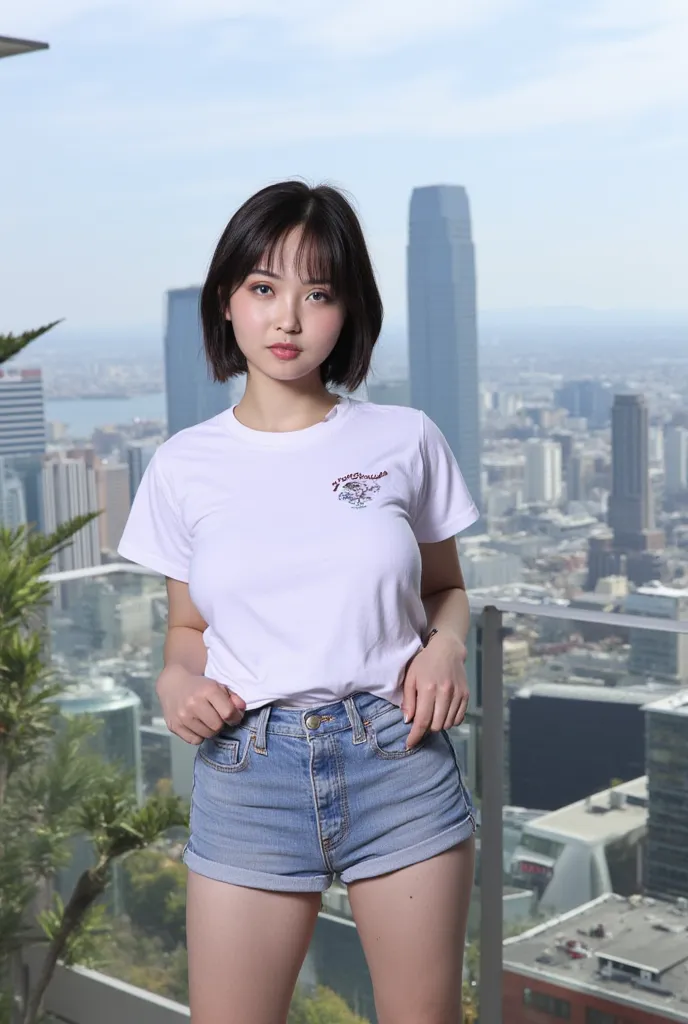 1girl, short black hair, blue eyes, wearing plain white shirt, denim shorts, city, absurdres, high res, ultrasharp, 8K, masterpiece, looking at viewer, anime