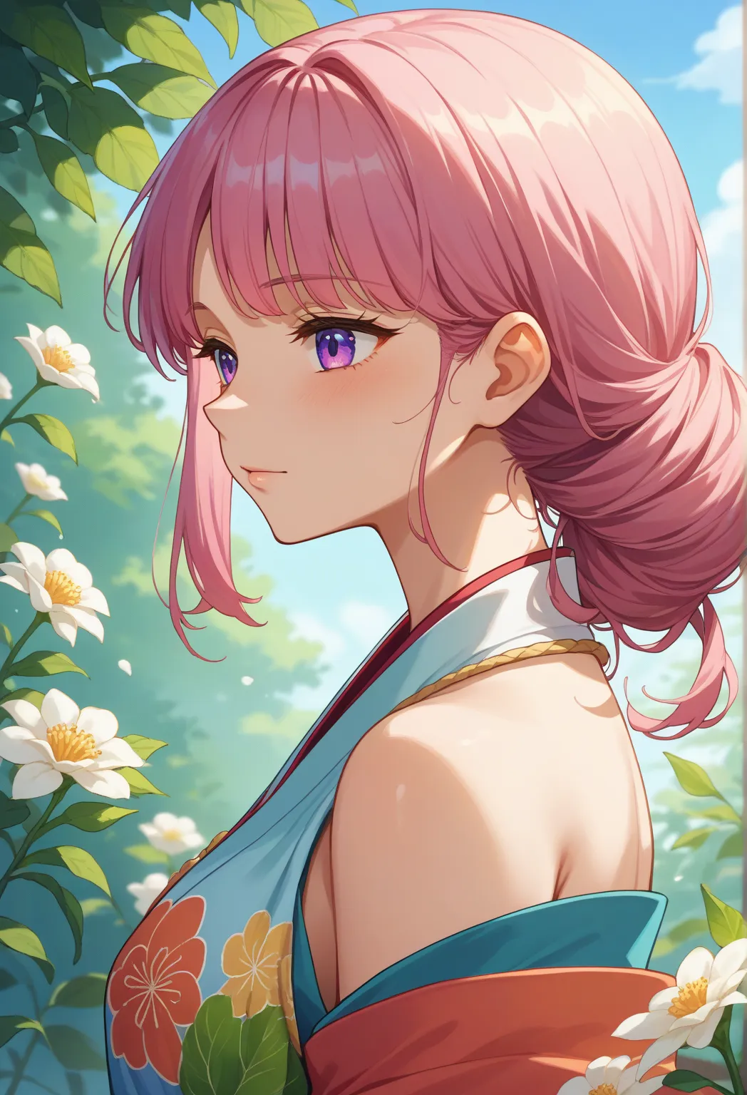 Japanise anime girl.She is 15years old.A beautiful girl with white and black gradient hair gazes at fully bloomed white flowers under the bright spring sunlight. Her eyes have a vivid pink and purple gradient, creating a dreamy and ethereal atmosphere. She...