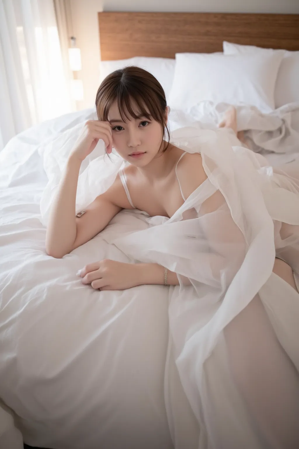 LUXURY LYING ON THE BED、 clear、See-through camisole