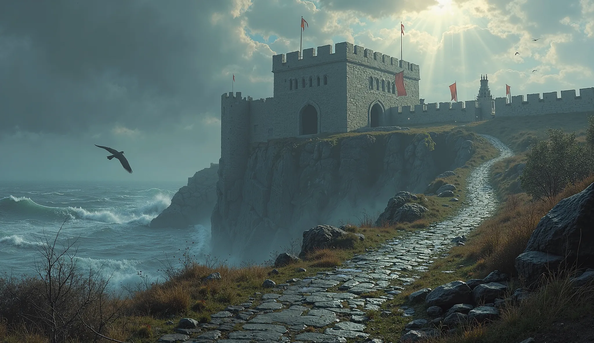 Picture an ancient fortress perched atop a rugged cliff, overlooking a turbulent sea. The fortress, once a formidable stronghold, is now a haunting silhouette against the stormy sky. Its stone walls, weathered and cracked, are adorned with remnants of bann...