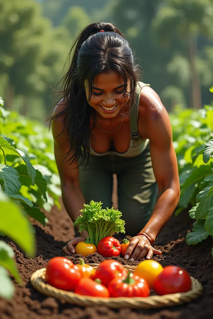 pretty Brazilian woman, Harvesting vegetables 