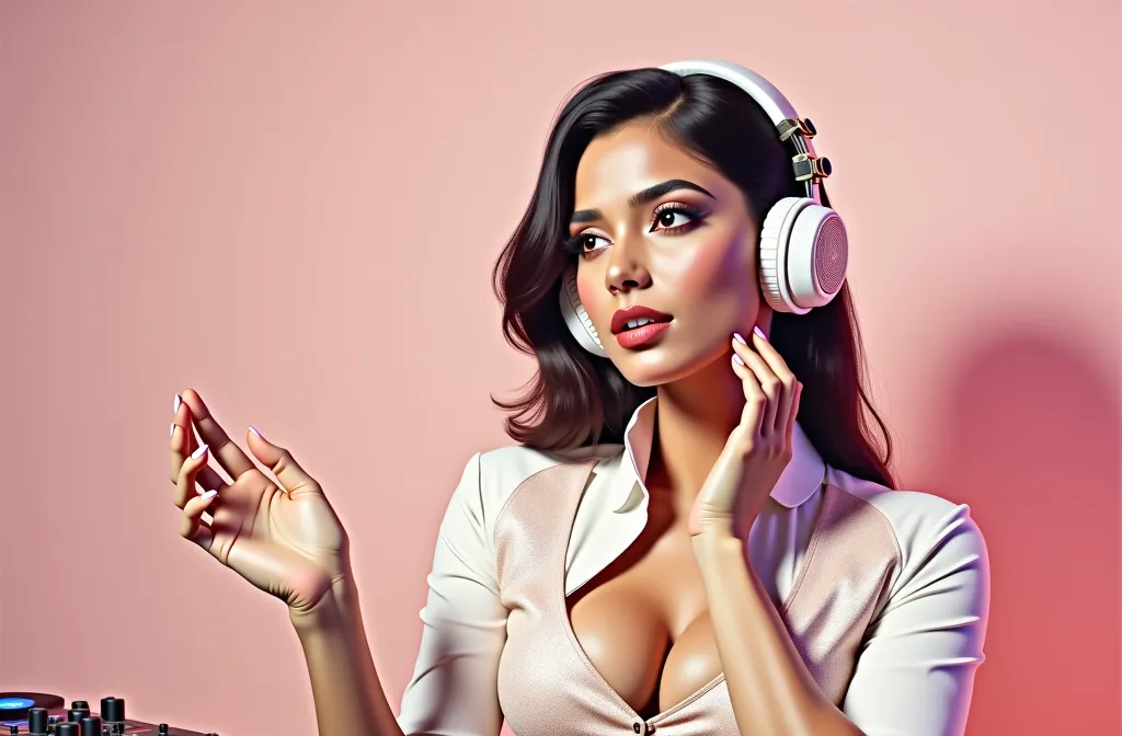 Bipasha Basu look a like, wearing a headphone,  in front of a DJ console