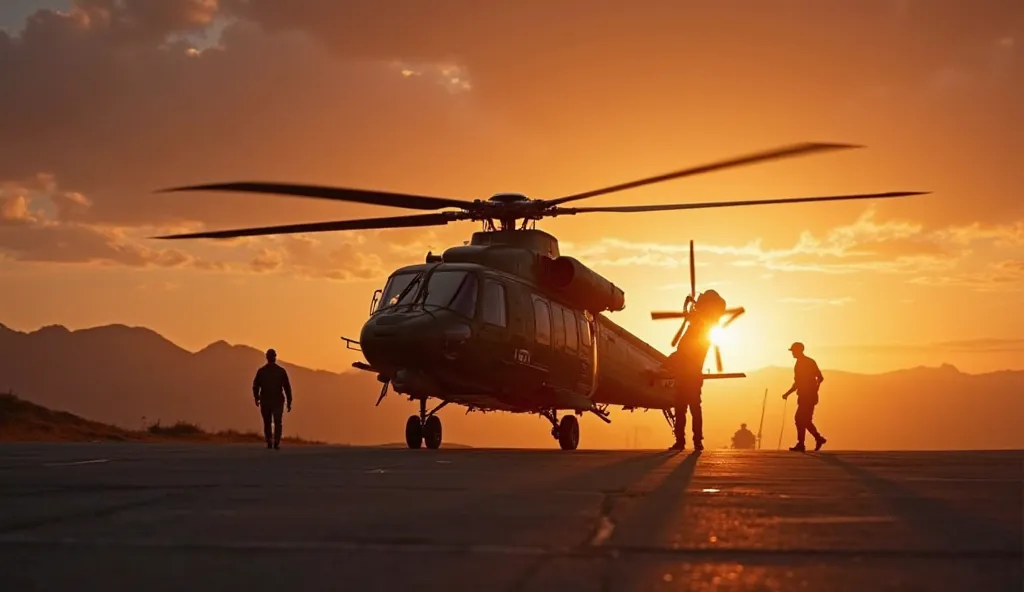 "Conclude with a dramatic sequence of the AW249 returning to base at sunset. Show the helicopter gracefully landing, its engines winding down, and the crew disembarking with determination. Cut to a close-up of the AW249’s silhouette against the fading ligh...