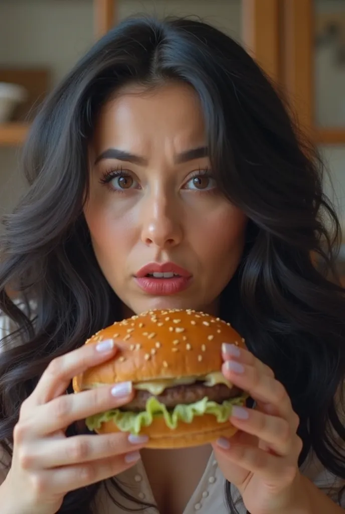 Portrait of a lovely obese 28-year-old American woman on a Discord video call, with thick, wavy black hair, looking sad while eating a hamburger, long eyelashes, upper body visible, viewer facing, 8k, super detailed, best quality, 1080p, 4k, 8k, 16K, hd