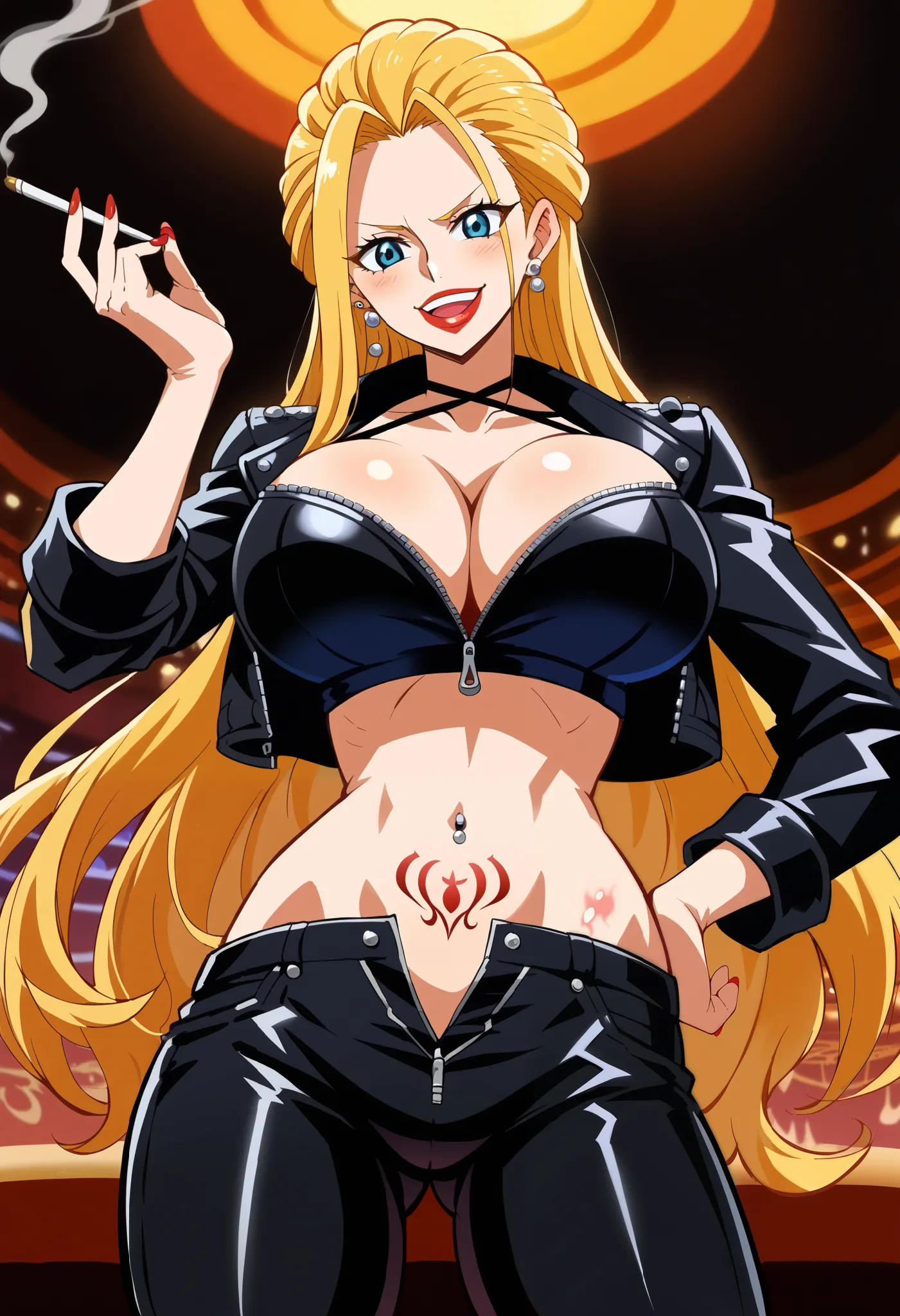 score_9, score_8_up, score_7_up, source_anime, black maria, blue eyes, long hair, blonde hair, big round breasts, lips, eyelashes, makeup, lipstick, anime screenshot, arrogant, pierced ears, long hair, blush, lipstick, Sexy girl, evil, smoking, sensual, at...