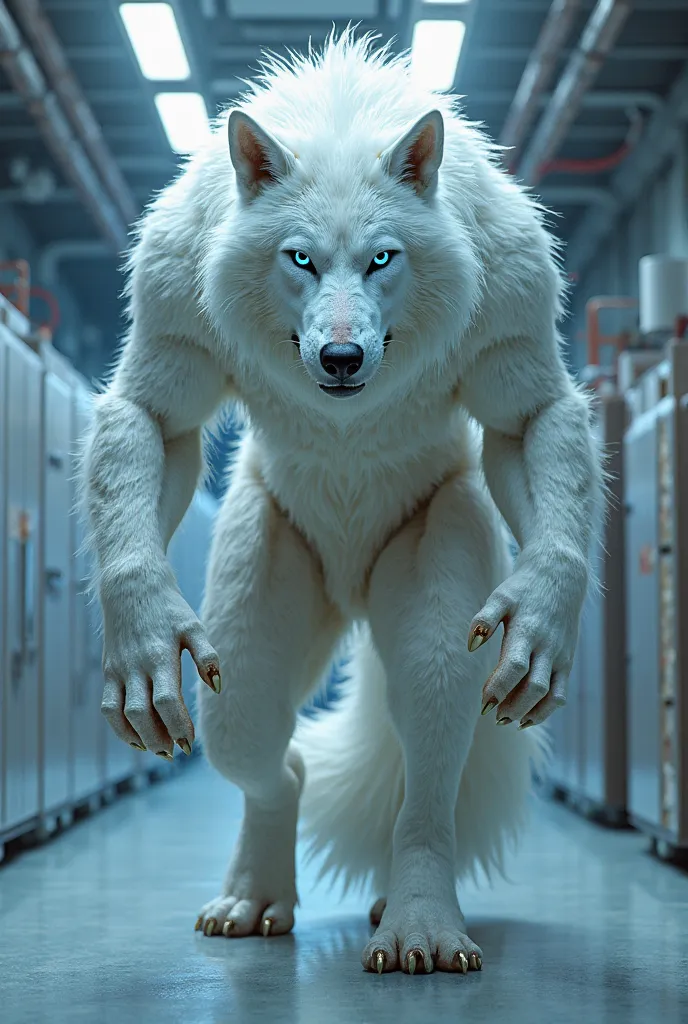 Furry latex Wolf color white like human (Furry) (Wolf's Skin is latex) eye color blue glow leg two and arm two Wolf's body size giant and muscler is giant and sexy (in lab)

