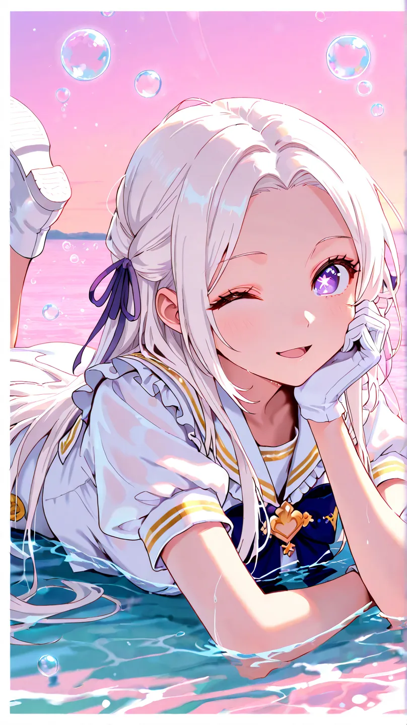 masterpiece, best quality, 1girl, solo, dfltedel, long hair, half updo, white hair, sidelocks, purple eyes, big eyes, symbol-shaped pupils, hair ribbon, purple ribbon, frills, lying, white gloves, bowtie, water, puffy short sleeves, blue bow, white footwea...