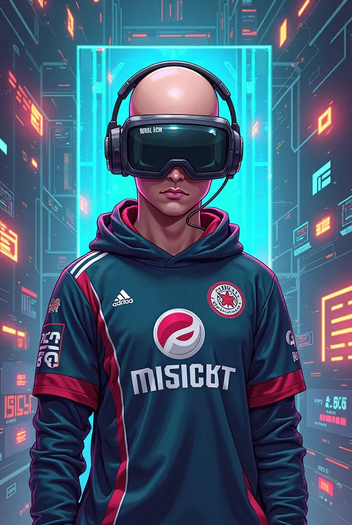 Pixel game character, bald, WITH THE BAHIA SPORT CLUB JERSEY, with a headset and you're in a technological environment