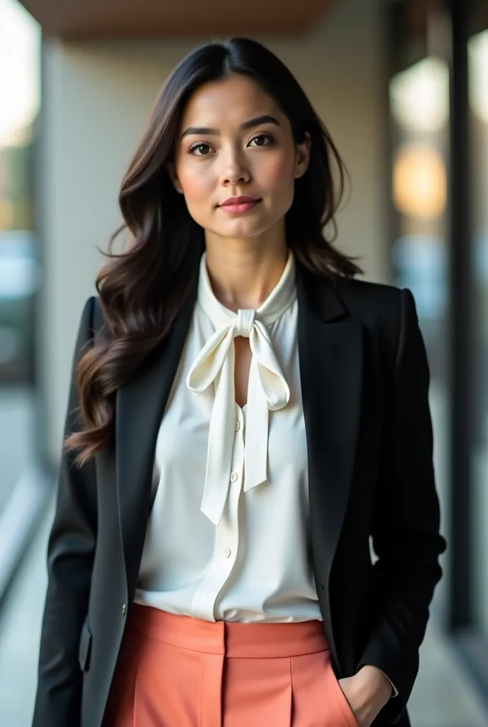 A woman, wearing dark peach trouser and black blazer with white blouse with a ribbon