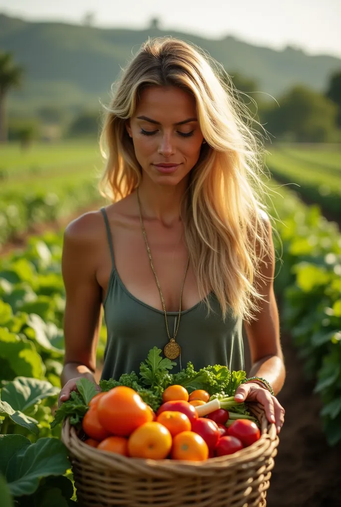 pretty Brazilian woman,  blond hair, Harvesting vegetables 