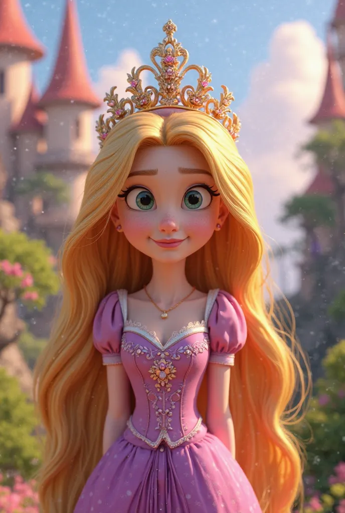 Can you give me an image of Rapunzel with a crown in Disney Pixar mode 