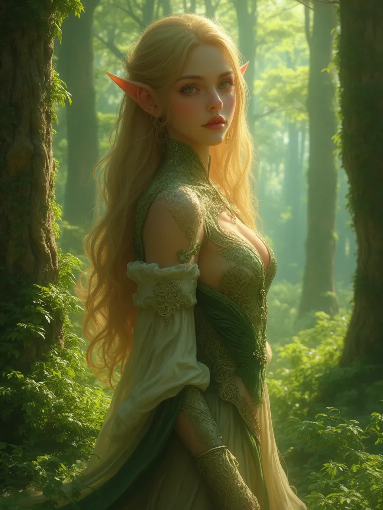 full body shot, Wood elf girl, fantasy wood elf dress, attractive body, blonde hair, 8k, masterpiece, realistic fantasy, fantasy forest background