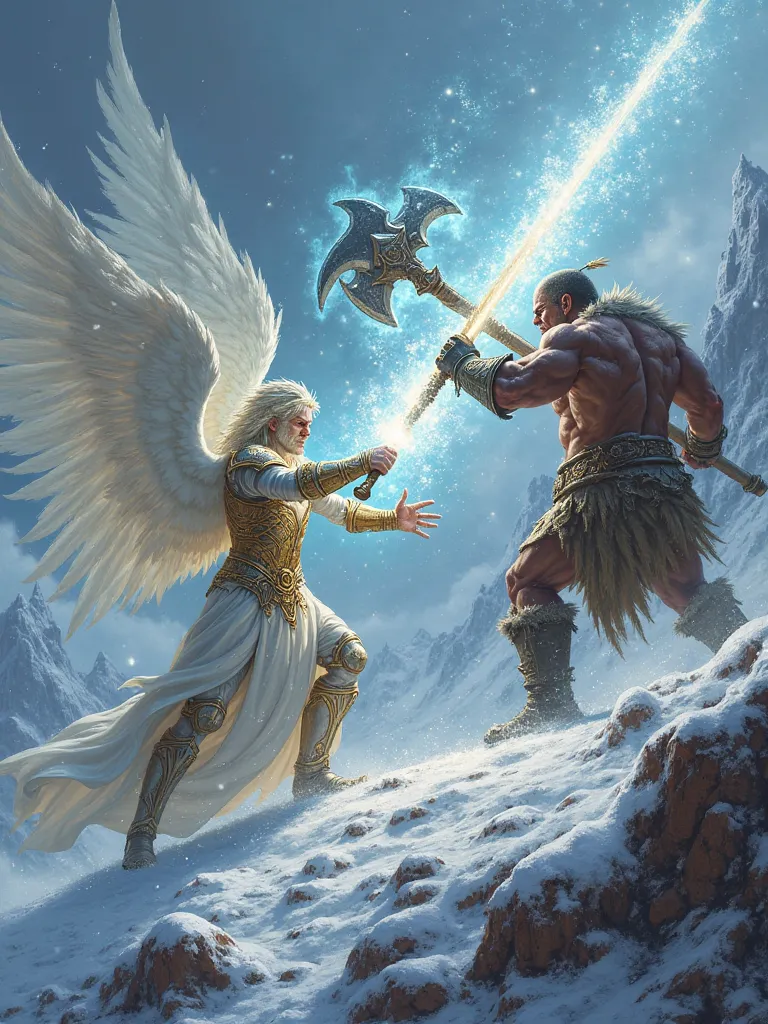 A majestic aasimar mage, clad in radiant silver and gold armor, wielding a glowing staff of light, engages in a fierce battle against a savage orc barbarian. The aasimar’s celestial wings shimmer faintly as they channel divine magic, casting powerful spell...