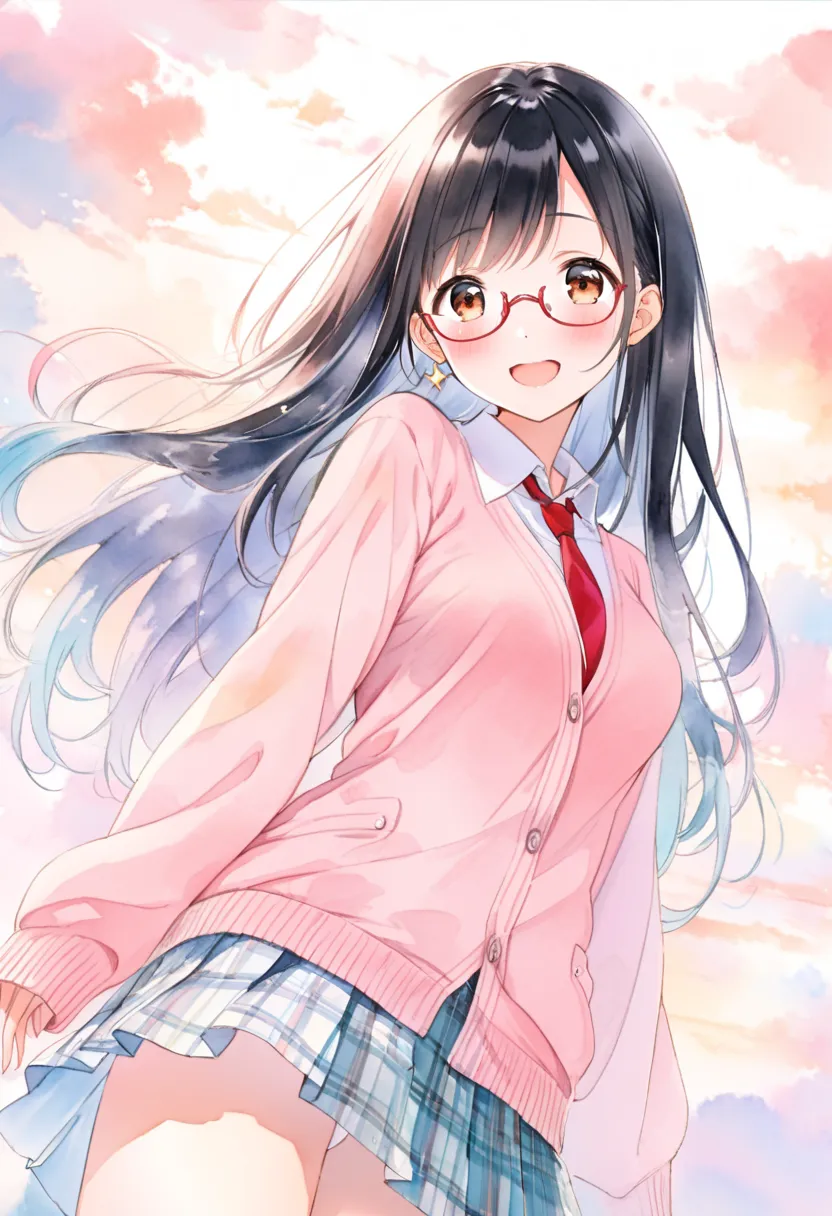 line art, (ultra detailed:0.7), cover image, (soft pastel tones, watercolor, (bright color:1.3), transparent, gradation, harmonious and calm atmosphere:1.1), 1girl, , brown eyes are shining and cute, black hair, long hair, extremely detailed neat hair,Stra...