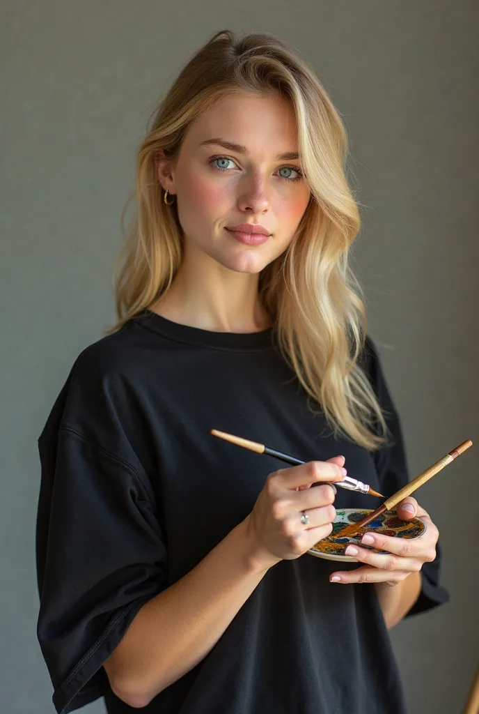 A Slavic girl with blond hair in a black oversized T-shirt stands with a brush and palette in her hands