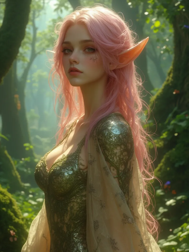 full body shot, Wood elf girl, fantasy wood elf dress, attractive body, pink hair, 8k, masterpiece, realistic fantasy, fantasy forest background