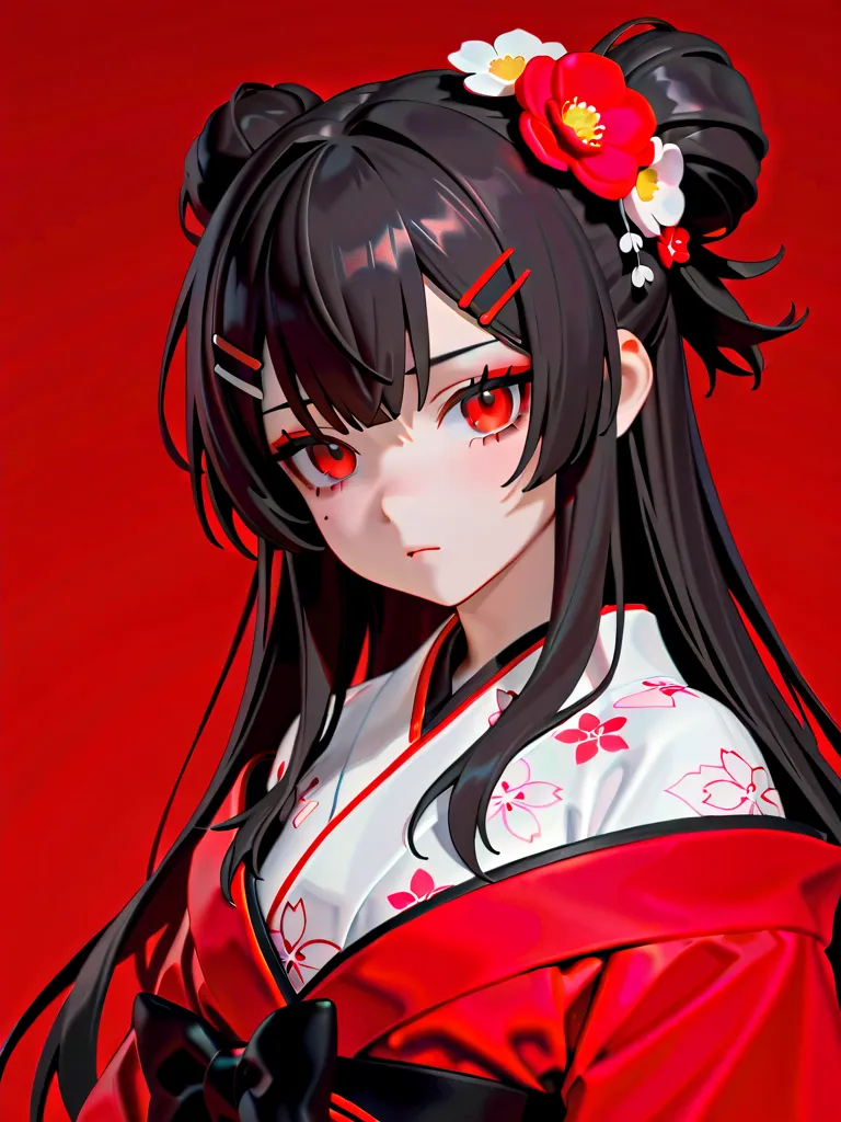 solo female, long hair,  Hair,  Hair,  Hair, bun hair, 浅い Hair, red eyes, heavy makeup, sling, Looks bored, hair clip for hair, hair clip for hair, hair clip for hair, have flowers on your head, have flowers on your head, Kimono kimono 