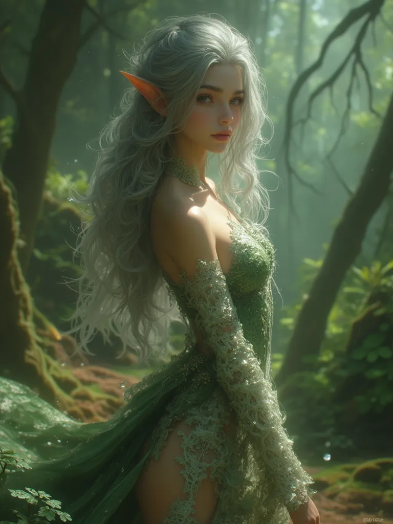 full body shot, Wood elf girl, fantasy wood elf dress, attractive body, gray hair, 8k, masterpiece, realistic fantasy, fantasy forest background